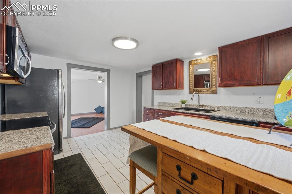 This is a view from the kitchen into the large living room. 