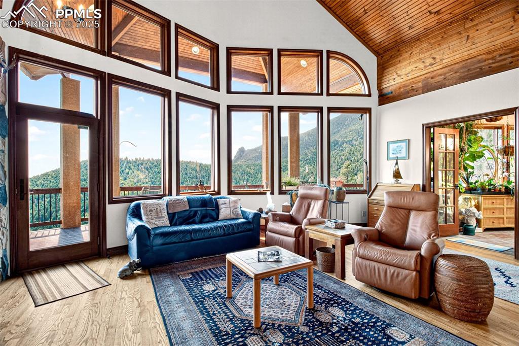 Living room on main level with wood flooring, vaulted ceilings and windows bringing in tons of natural light!