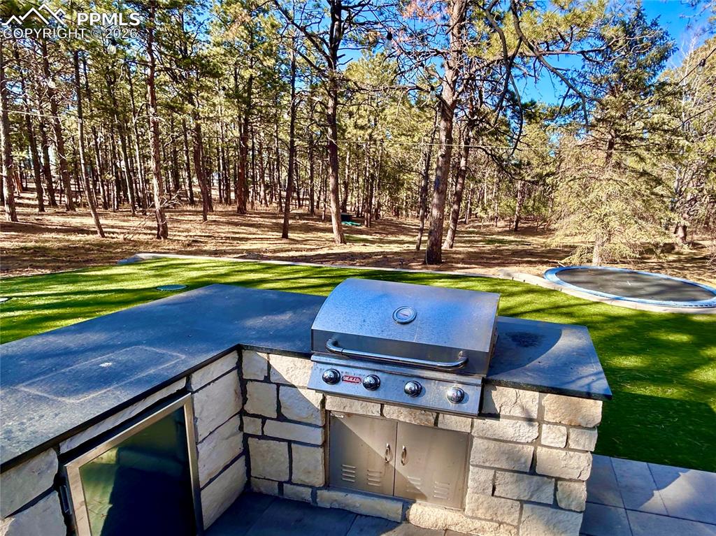 View of patio featuring grilling area and a trampoline and new turf lawn