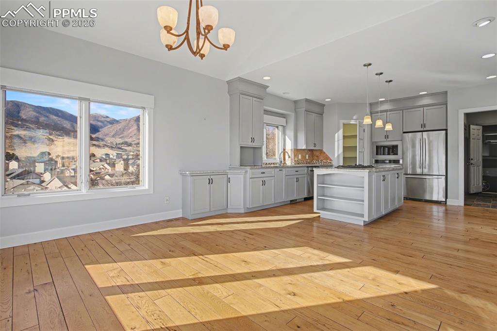 Eat-in kitchen with mountain views.