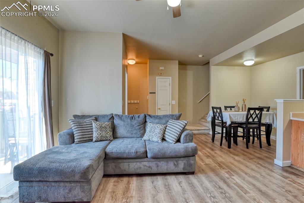 Living room with light wood finished floors and a ceiling fan