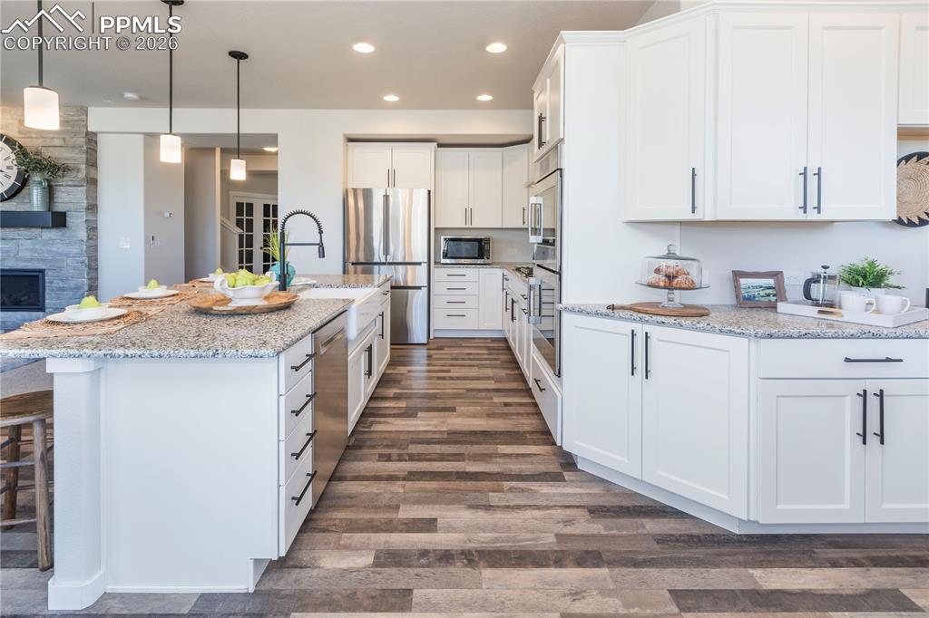 Bosch stainless dishwasher, refrigerator and double ovens.