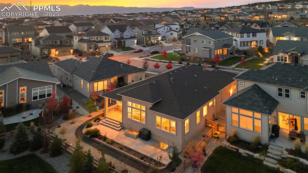Aerial view at dusk of a residential view