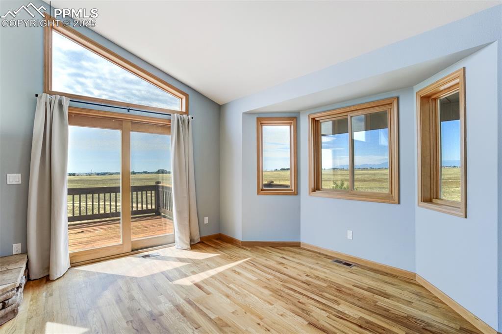 Empty room with light wood-style floors, plenty of natural light, and vaulted ceiling
