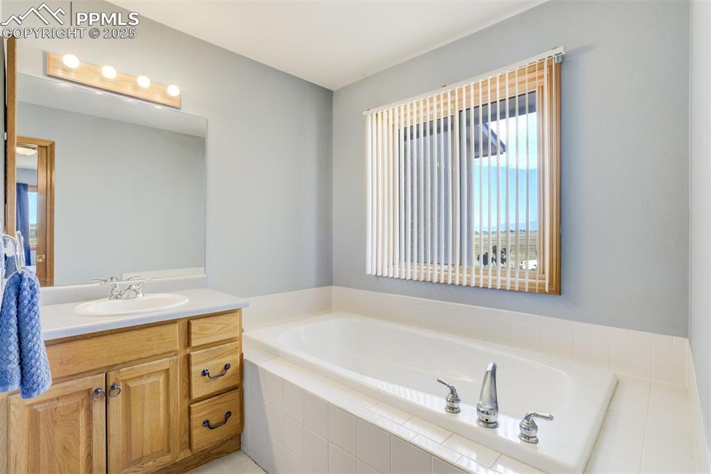 Full bathroom featuring vanity and a bath