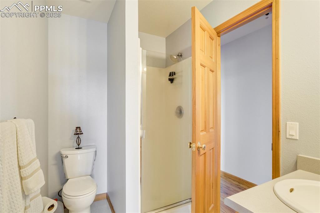Bathroom featuring a shower stall, vanity, and wood finished floors
