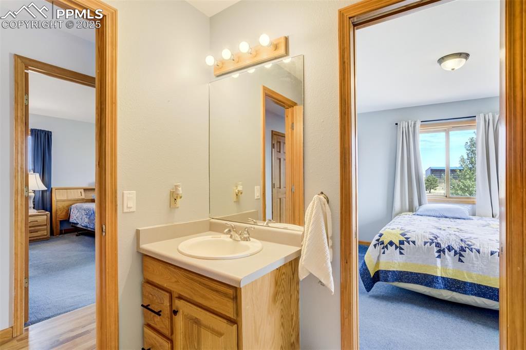 Bathroom featuring connected bathroom, vanity, and wood finished floors