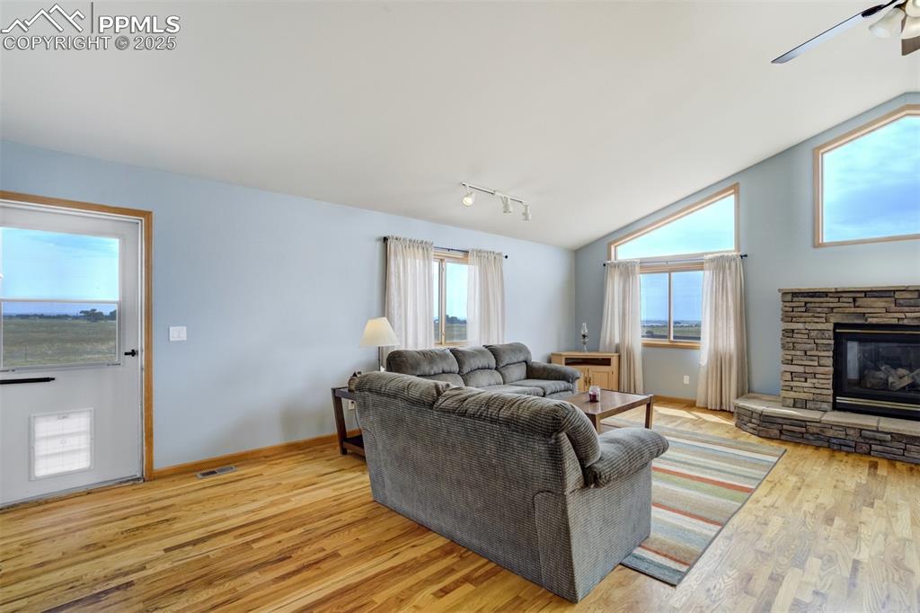 Living area with lofted ceiling, light wood-type flooring, a fireplace, rail lighting, and ceiling fan
