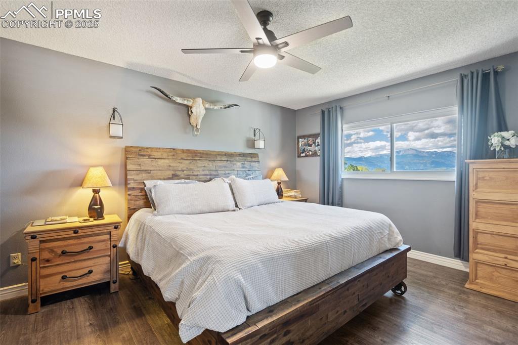 Primary bedroom with mountain views and LVP flooring. Ceiling fan, but this home has A/C too!