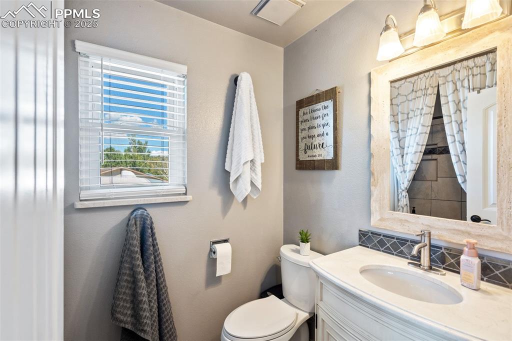 Primary 3/4 bathroom with spa type shower.