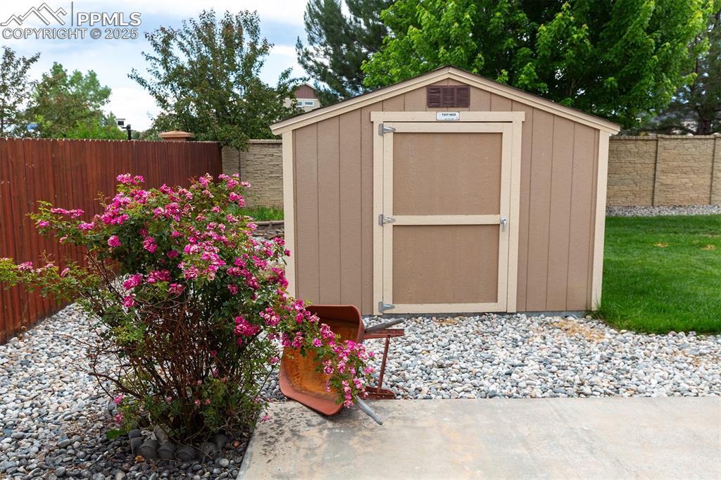 View of shed with a fenced backyard