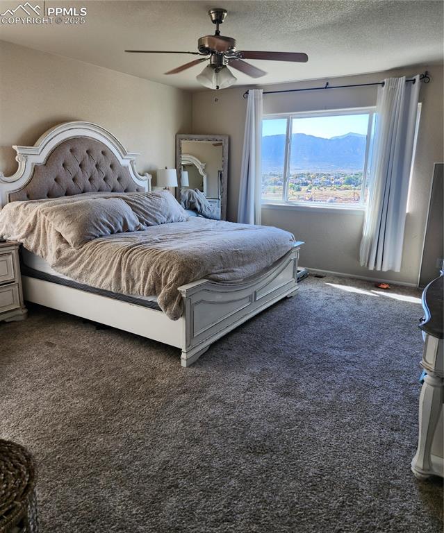 Carpeted Master's bedroom featuring a mountain view, ceiling fan, and a textured ceiling