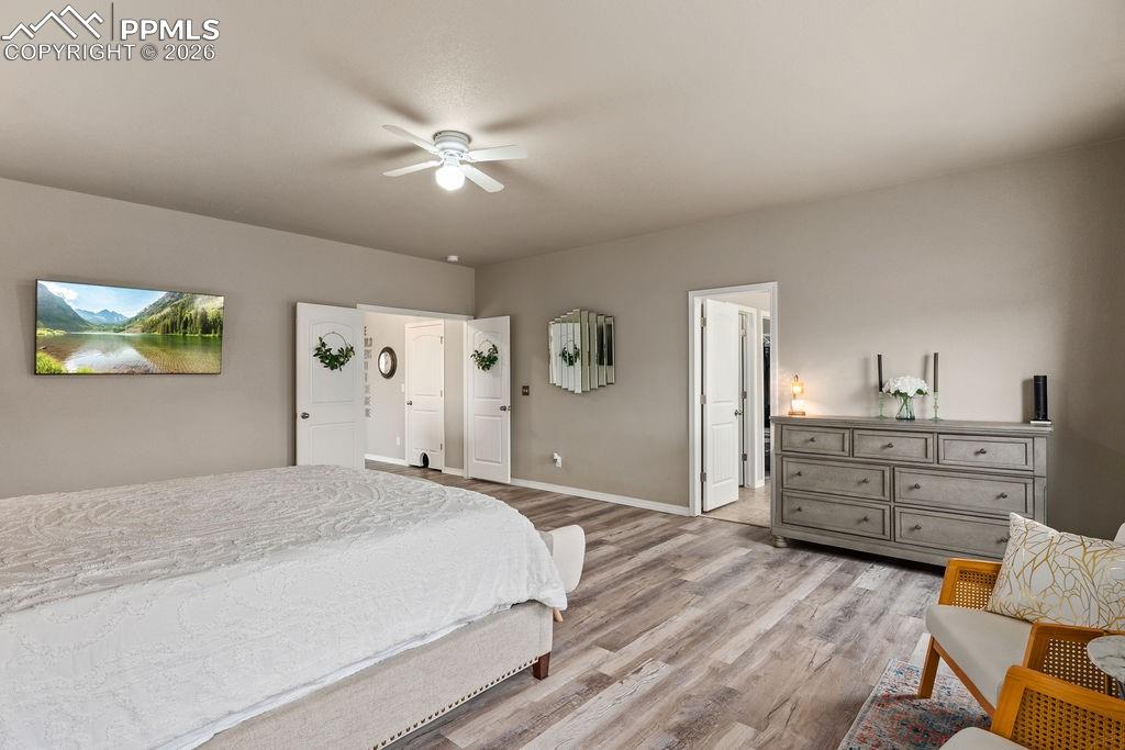 Upper floor primary bedroom featuring light wood finished floors and ceiling fan