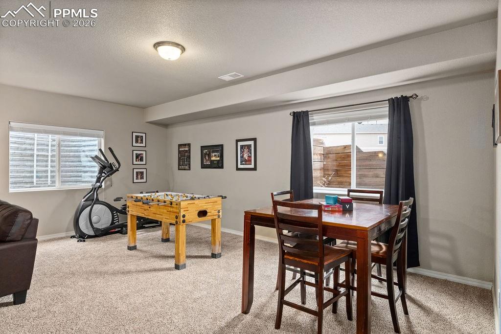 Basement recreation room featuring light carpet and a textured ceiling