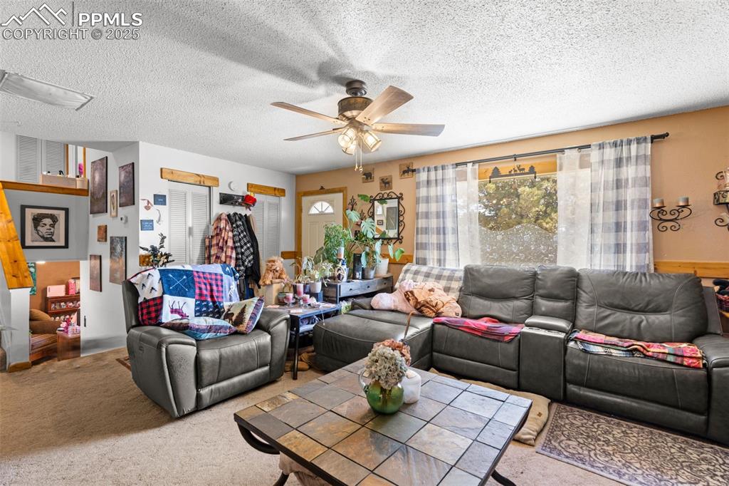 Living area featuring a textured ceiling, a ceiling fan, and carpet