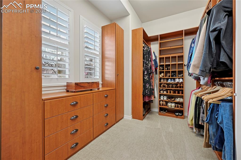 Walk in closet with light colored carpet