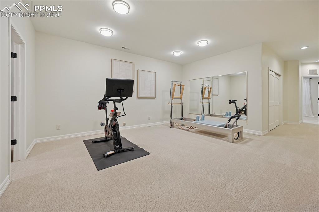 Workout room featuring light colored carpet