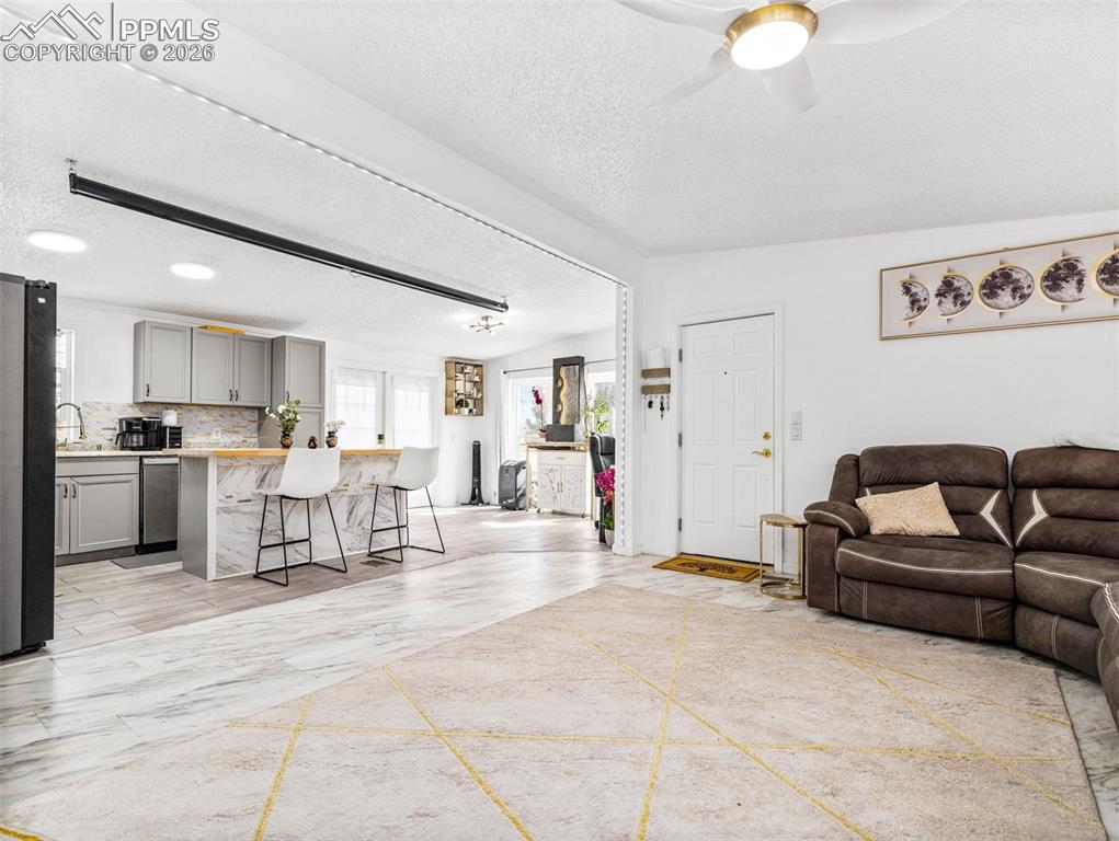 Living room featuring a ceiling fan