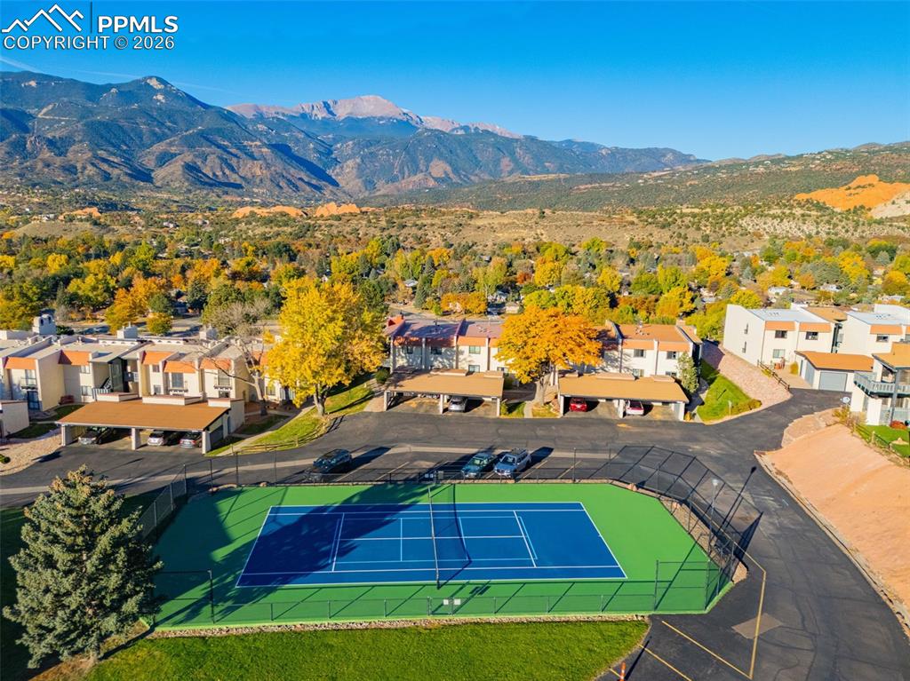 Aerial perspective of suburban area featuring mountains