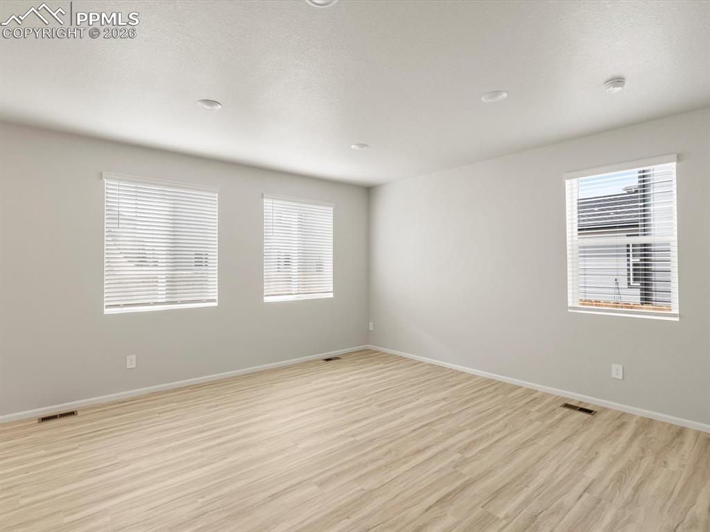 Spare room featuring light wood finished floors, a textured ceiling, and recessed lighting
