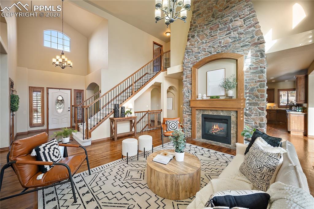 Stunning floor to ceiling stone fireplace