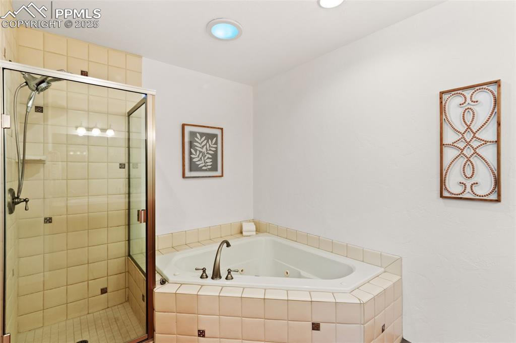 Bathroom with walk-in shower and deep, jetted tub