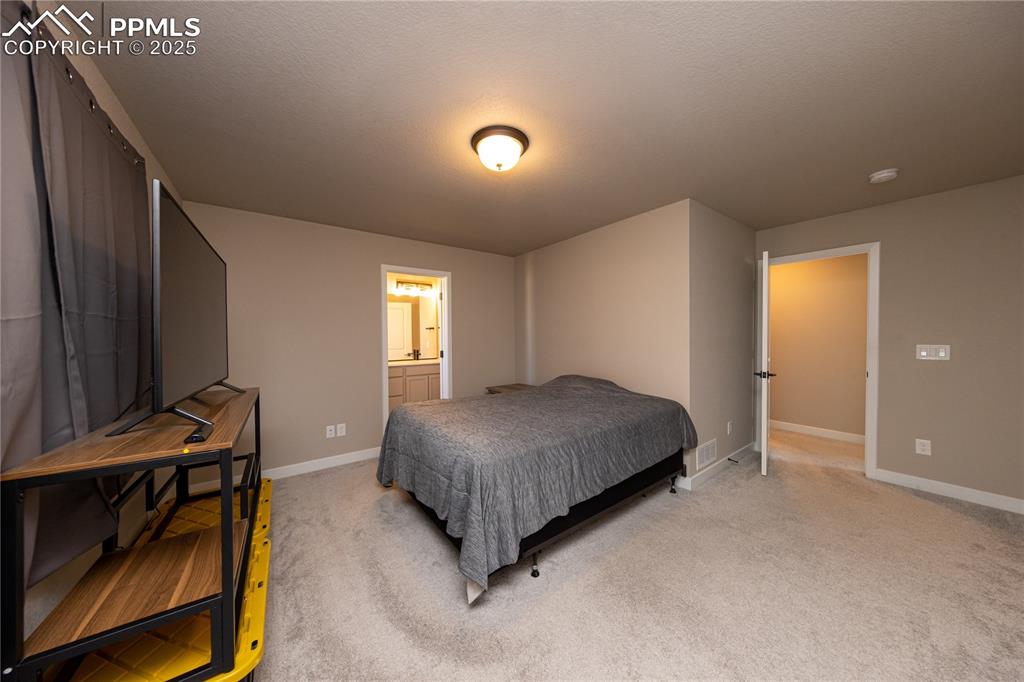 Bedroom with light colored carpet, a textured ceiling, and ensuite bathroom
