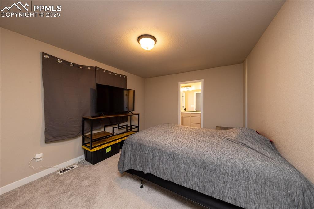 Bedroom with light colored carpet and ensuite bathroom