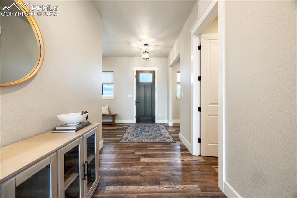 Entryway featuring dark wood finished floors and baseboards