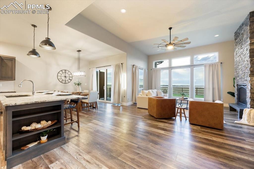 Living room featuring dark wood-type flooring and a ceiling fan
