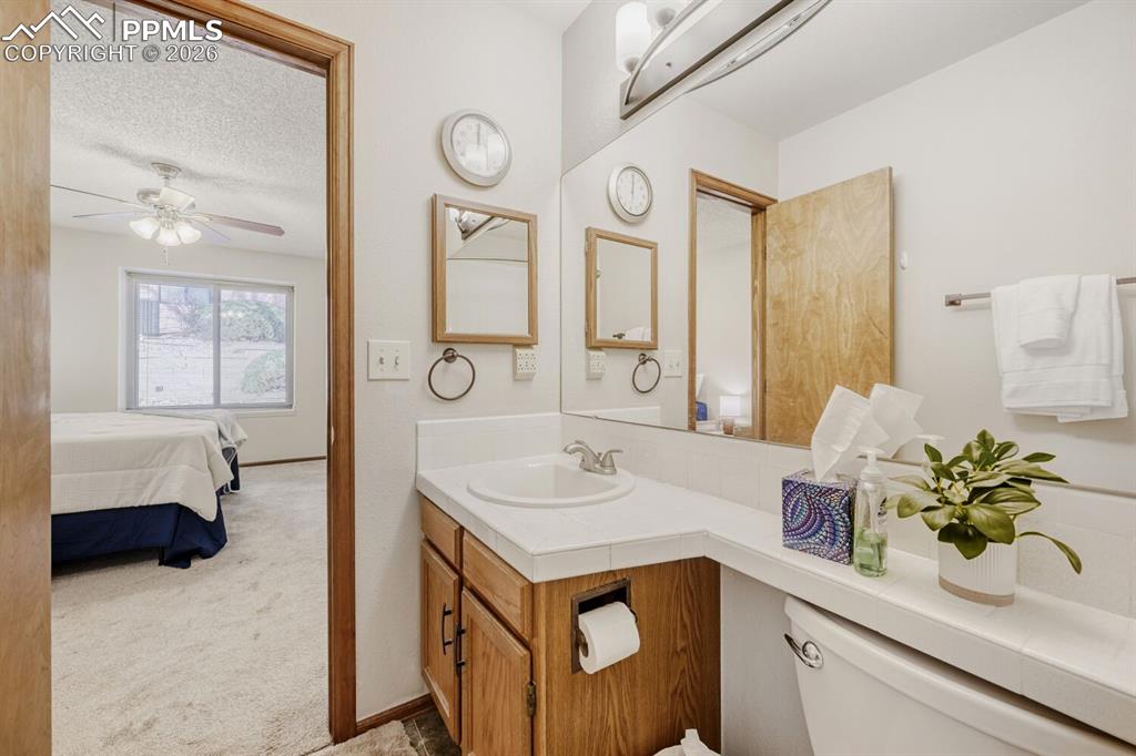 Half bath with vanity, light carpet, ensuite bath, a textured ceiling, and ceiling fan