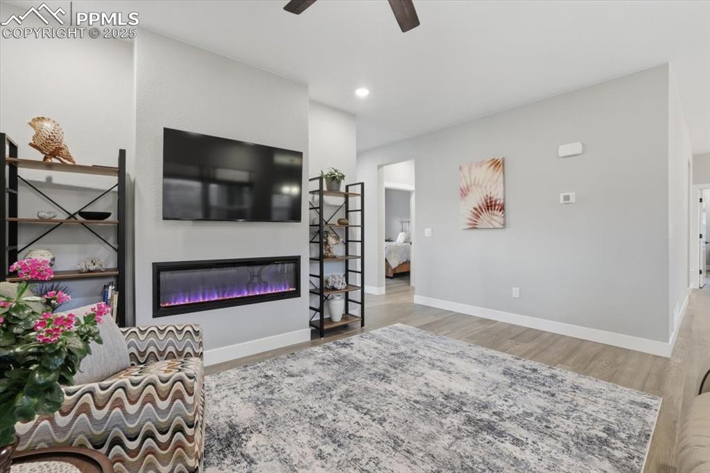 The linear gas fireplace gives the home a modern touch.
