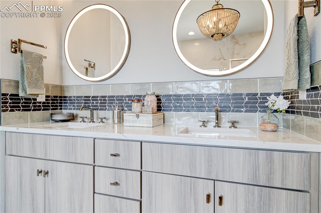 Full bath with double vanity and backsplash