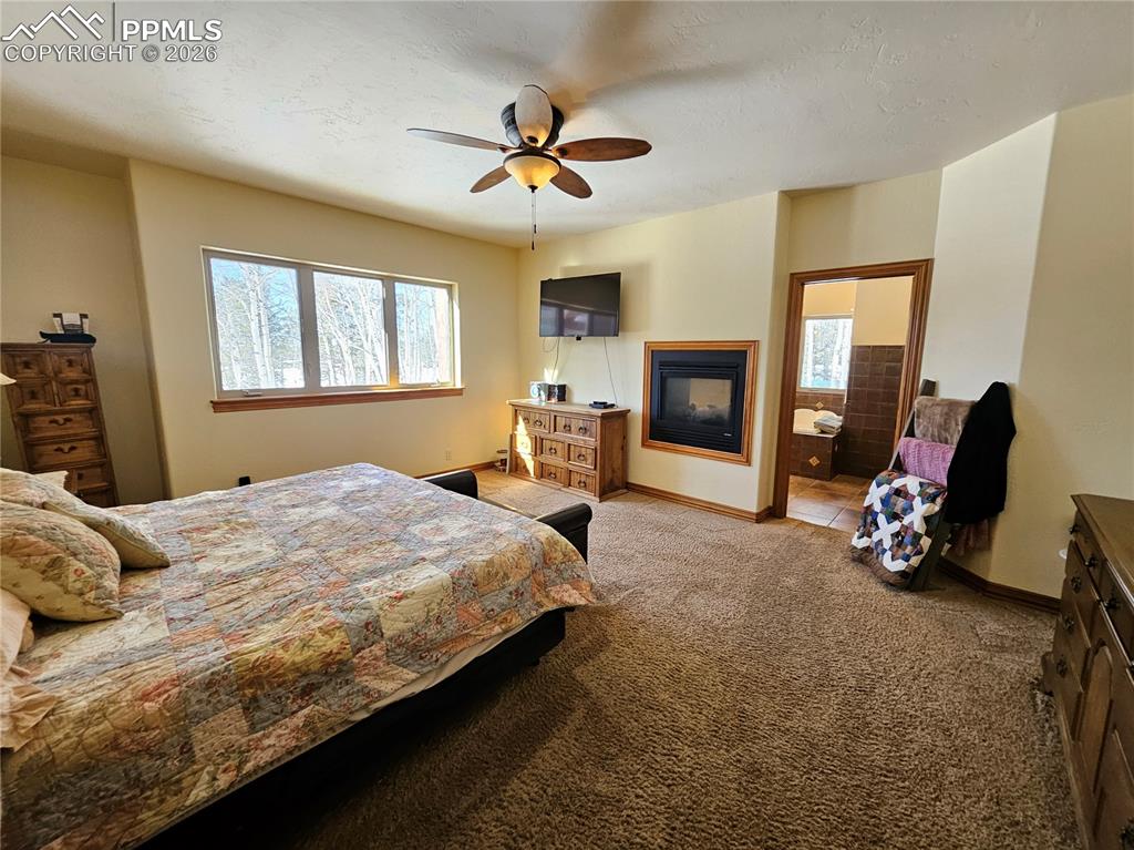 Main level primary bedroom with see-through fireplace to adjoining primary bathroom 