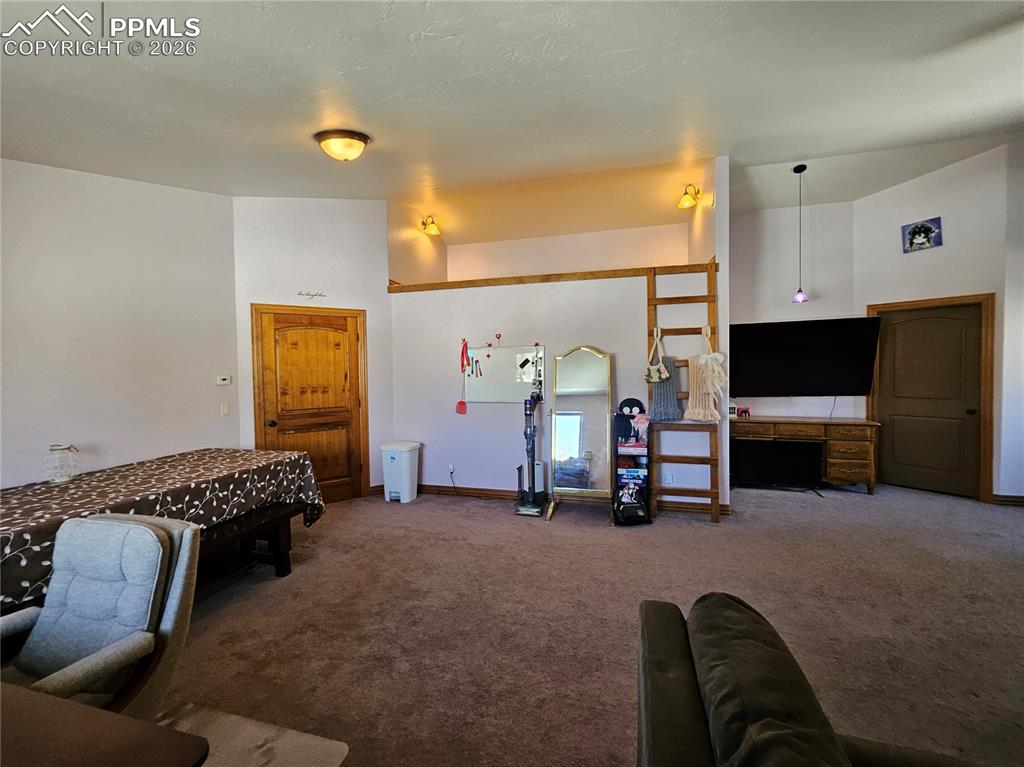 Carpeted spacious bedroom with loft space - currently used as second living room