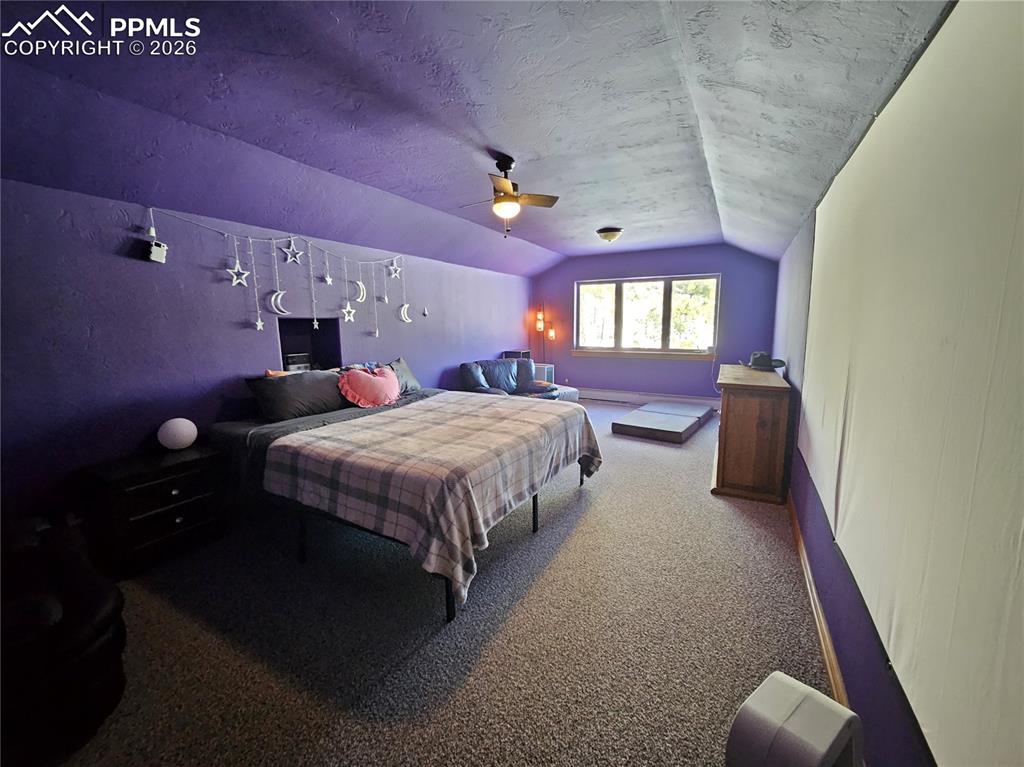 Bonus room featuring carpet floors and a ceiling fan - currently used as non-conforming bedroom, would make a great home theater or gym!