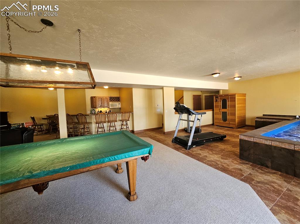 Game room with pool table, 6-seat bar, and indoor endless pool
