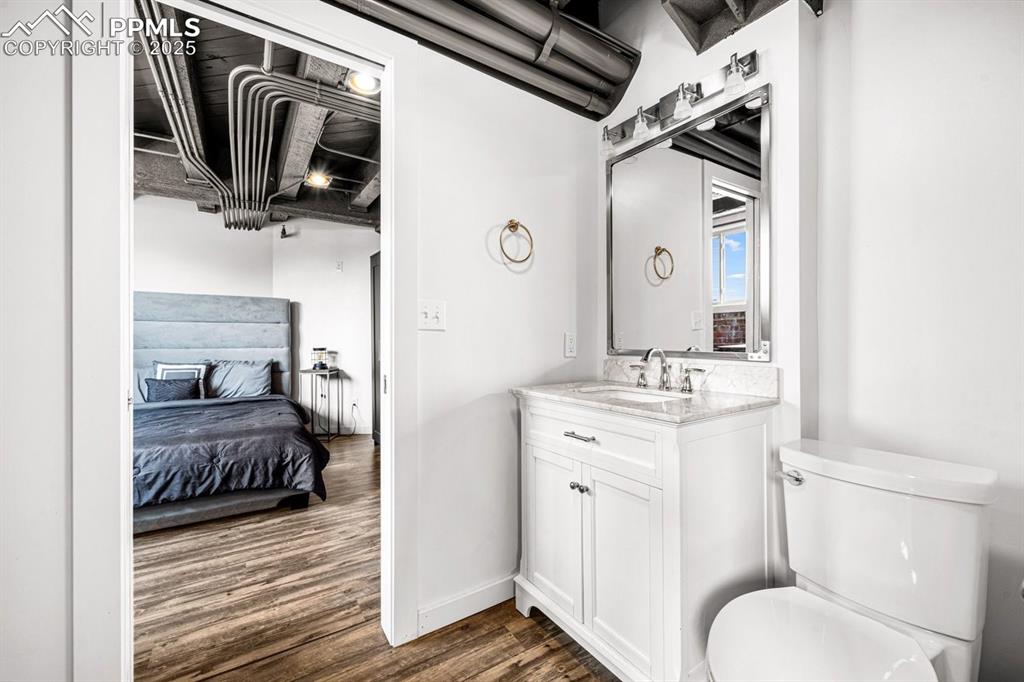 Ensuite bathroom featuring wood finished floors and vanity