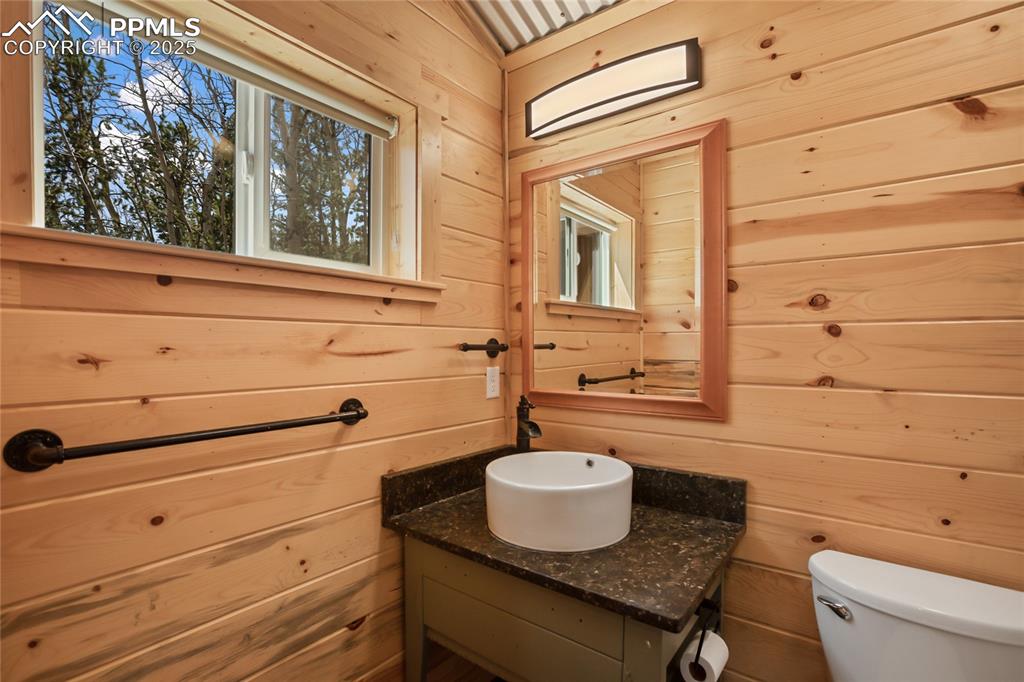 Upstairs bathroom with pine paneling, vanity, and toilet