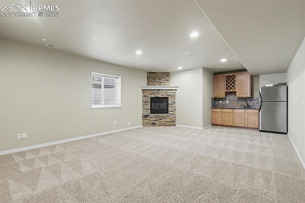 Basement Rec Room w/3rd Gas Fireplace & Wet Bar