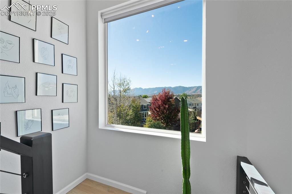 Detailed view of a mountain backdrop and wood finished floors