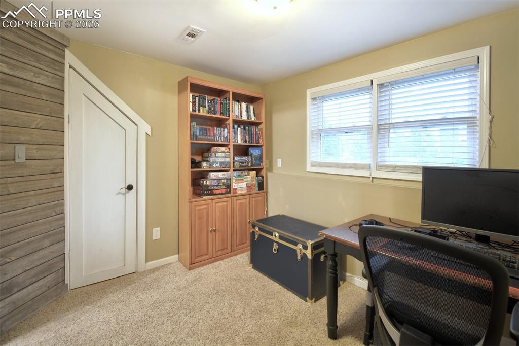 Lower level bedroom with closet.