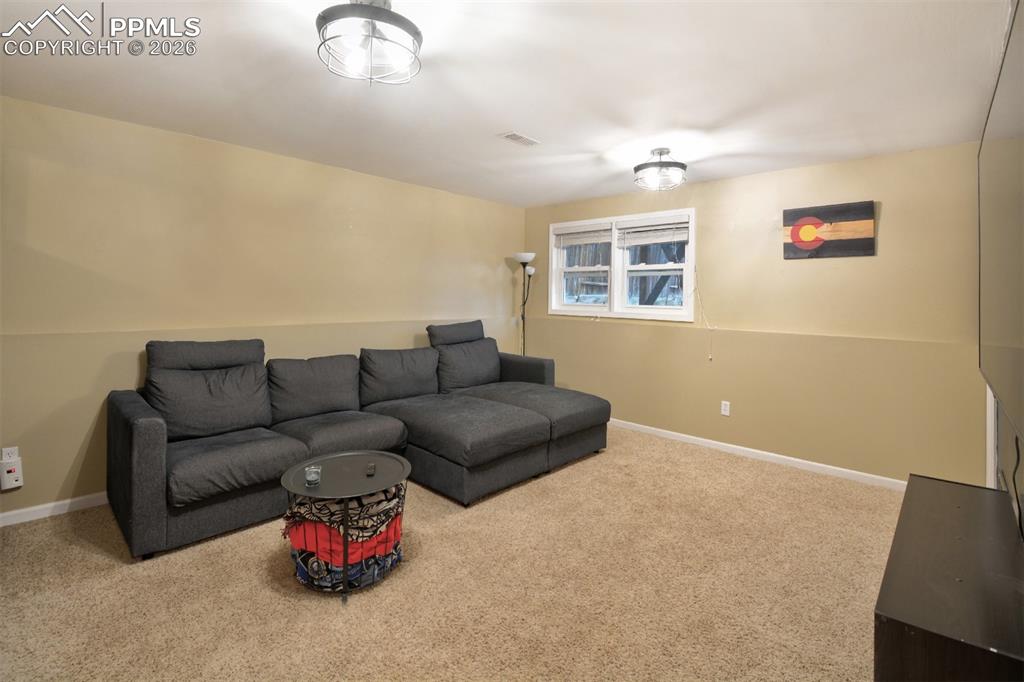 Lower level family room with garden level window.