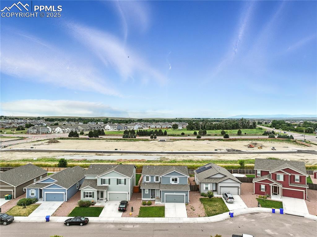 Aerial view of the front of the home.