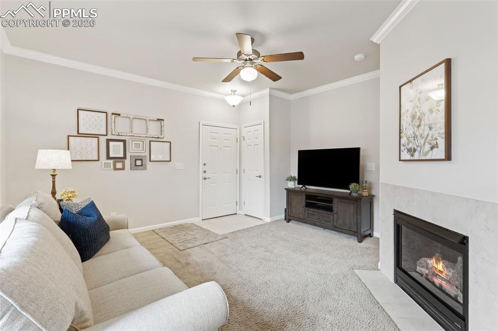 Living area with crown molding, carpet, ceiling fan, and a fireplace with flush hearth