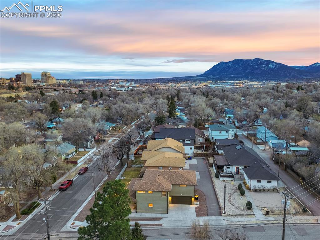 Ariel view toward downtown Colorado Springs and Cheyenne Mountain