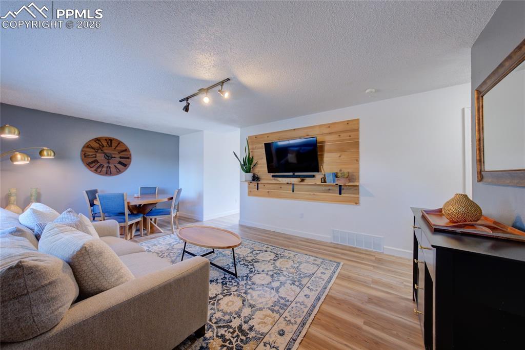 Living room with light wood-type flooring, a textured ceiling, and rail lighting