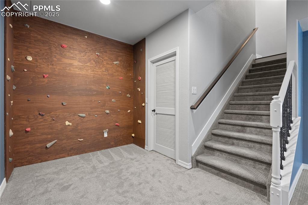 Staircase  and climbing wall and carpet floor.