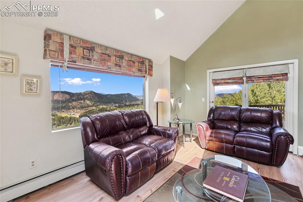 Living room with baseboard heating, high vaulted ceiling, wood finished floors, and plenty of natural light