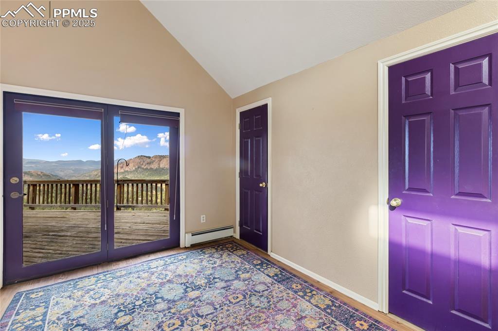 Foyer entrance with wood finished floors, baseboard heating, a mountain view, and high vaulted ceiling